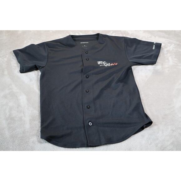 Sport-Tek Baseball Jersey Shirt Mens Medium Black Big Show 18 Button Logo Front - Picture 1 of 7